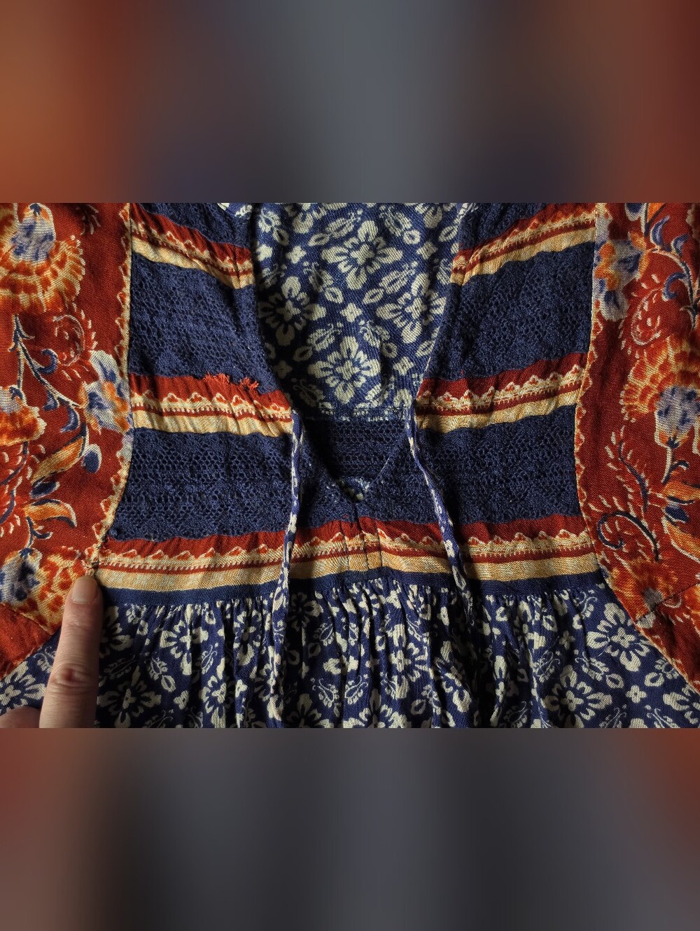 PATRONS OF PEACE Navy Floral & Rust-Patterned Tie-Front Tunic Mini Dress Medium - Picture 4 of 4